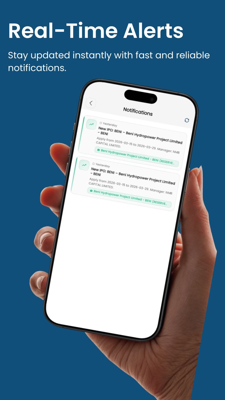 SajiloShare notifications screen with a new IPO alert for Beni Hydropower Project