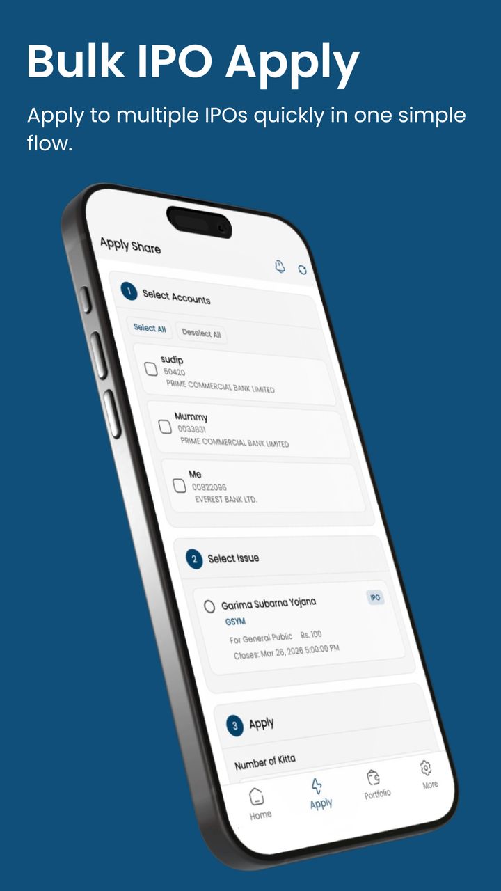 SajiloShare Apply Share screen: select MeroShare accounts, select the open issue, then apply