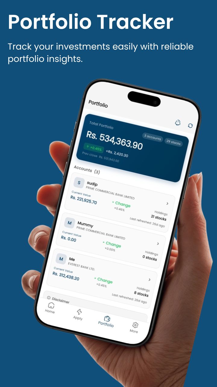 SajiloShare Portfolio screen with the total value across three family accounts and 29 stocks