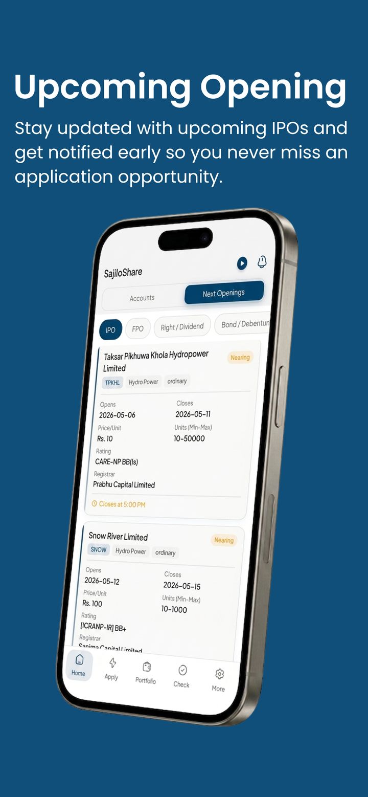 SajiloShare Next Openings tab listing upcoming IPOs with price, units, rating and registrar